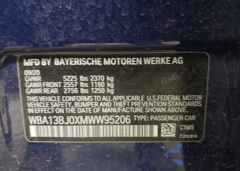 2021 BMW 530I xDrive из США, поврежденный, VIN WBA13BJ0XMWW95206